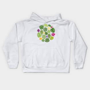 Monstera leaves and tropical flowers in green, yellow, purple, and pink Kids Hoodie